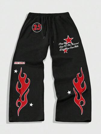 Street Life Men's Slogan & Flame Print Drawstring Waist Straight Leg Sweatpants