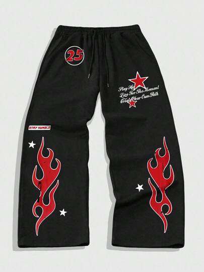 Street Life Men's Slogan & Flame Print Drawstring Waist Straight Leg Sweatpants