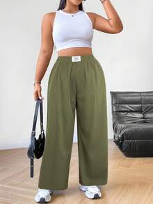 SHEIN PETITE CURVE Quần ống rộng màu đen thường ngày cỡ lớn dành cho nữ - xanh quân đội - Xem 4