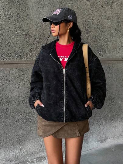 SHEIN 少女时尚休闲 Y2K 复古酷炫街头返校学院风弹力带连帽设计灰色牛仔宽松连帽长袖外套，适合少女日常穿着，柔软舒适，也适合少女秋冬季派对、音乐节和街头服饰。