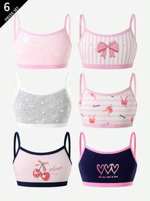 6pcs Girls' Comfortable Soft Cute Hip Hop Love Star Heart Cherry Bow Print Cotton Camisole Vest - Multicolor - View 1