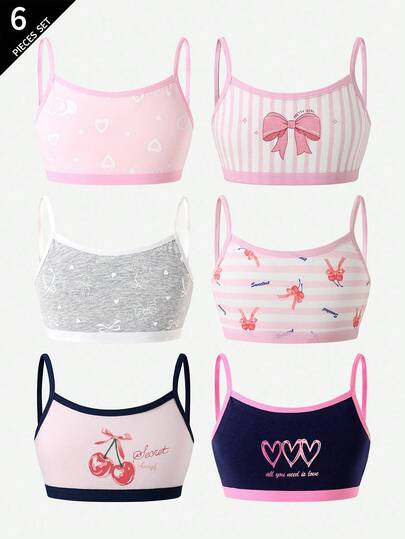 6pcs Girls' Comfortable Soft Cute Hip Hop Love Star Heart Cherry Bow Print Cotton Camisole Vest