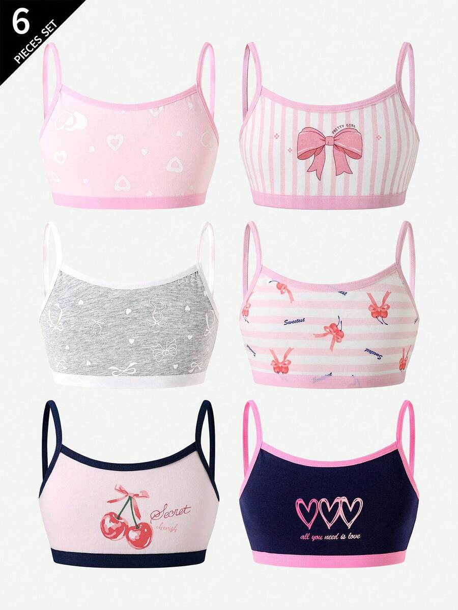 6pcs Girls' Comfortable Soft Cute Hip Hop Love Star Heart Cherry Bow Print Cotton Camisole Vest - Multicolor - View 1