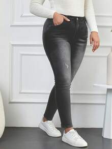 SHEIN Cottnline 98%Cotton Plus Size High-Waisted Tight Jeans, Water Washed - Dark Grey - View 5