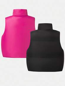 Girls' Casual Reversible Sleeveless Padded Vest With Stand Collar, Suitable For School And Commute, Autumn/Winter - Multicolor - View 2