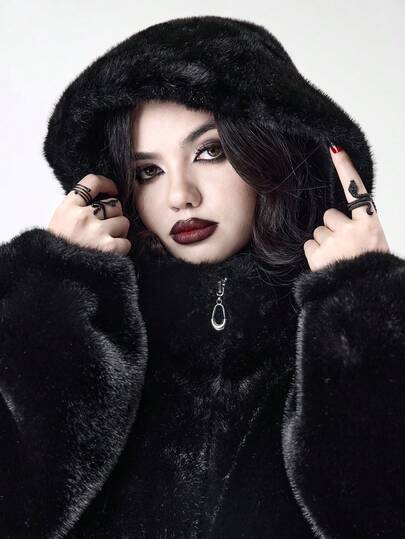 Veste à capuche zippée en fausse fourrure de style punk sombre pour femmes, mode automne/hiver