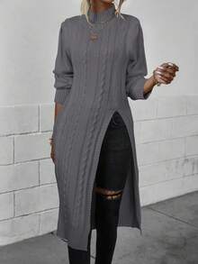 EMERY ROSE Casual Solid Color Stand Collar High Slit Sweater, Autumn/Winter - Dark Grey - View 4