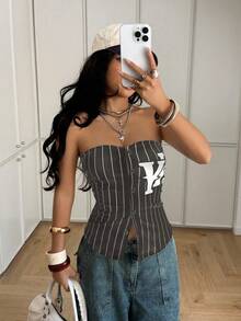 StreetHx Women's Street Style Vertical Striped Letter Print Tube Top - Multicolor - View 5