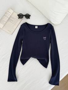 ملابس علوية كم طويل مريح وناعم للفتيات المراهقات، رقبة طاقم مضلع مطاطي مناسب للاستخدام اليومي في الخريف والشتاء، أنماط الشارع والمنزل، كم طويل أطفال