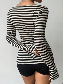 Aloruh 女士条纹印花V领休闲时尚长袖T恤，适合秋季返校、锐舞派对、乡村音乐会、伊比沙岛、纳什维尔等场合，西部风格，Y2K潮流辣妹风。 - 黑色 - 查看 3