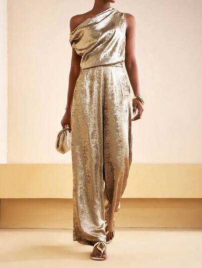 Zivah 2025 秋季新款音乐节西部游牧风格生日派对毕业典礼大学生日常休闲度假巡航海滩日光浴病毒式街头服饰万圣节服装婚礼宾客波西米亚风通勤早午餐商务休闲机场派对节日优雅宴会金色不对称褶皱腰部闪亮纹理连体裤