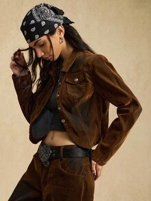 Easelle Áo khoác denim cổ bẻ phong cách Boho Chic cổ điển dành cho nữ Áo khoác nữ màu nâu Áo khoác nữ màu nâu ngắn Áo khoác nữ màu nâu nhung Áo khoác ngắn Áo khoác nữ kiểu miền Tây - Nhiều màu - Xem 6