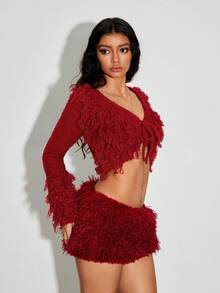 TRNVIE 1 Áo len dệt kim tua rua cổ chữ V màu đỏ dành cho nữ, mặc hàng ngày và dự tiệc - Màu Đỏ Sâu - Xem 3