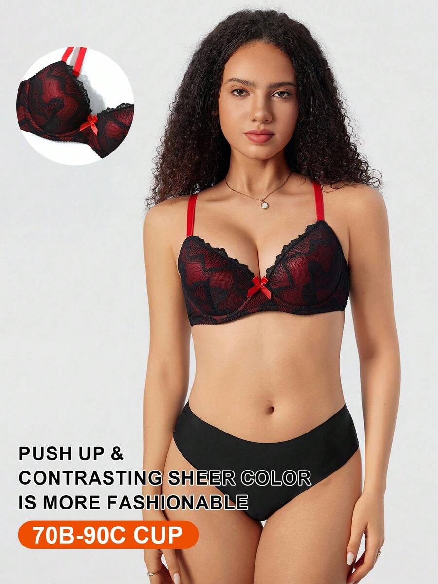 SHEIN 1 Peça Sutiã Sem Arame Sexy de Renda Transparente Simples com Sustentação e Elevação para Busto Pequeno - Multicolorido - Visão 1