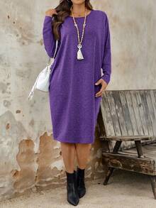 女式大码休闲修身圆领针织连衣裙 - 紫色 - 查看 5