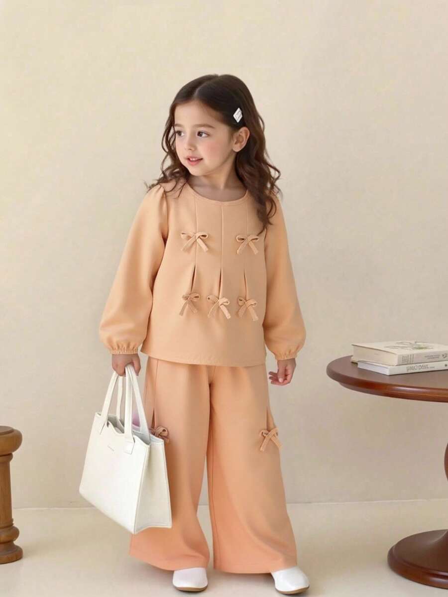 Elladie kids 少女休闲蝴蝶装饰衬衫和裤子套装,秋季 - 卡其色 - 查看 1
