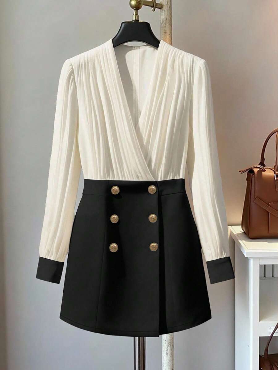 Airaco 黑白撞色 V 领束腰长袖连衣裙 - 黑與白 - 查看 1