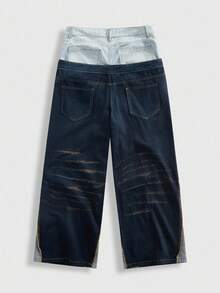 ROMWE MEN Street Life Men's Fashionable Denim Jeans With All-Over Print And Double-Layer Waistband - Blue - View 2