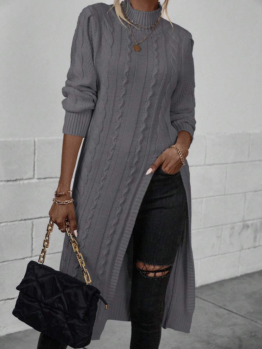 EMERY ROSE Casual Solid Color Stand Collar High Slit Sweater, Autumn/Winter - Dark Grey - View 1