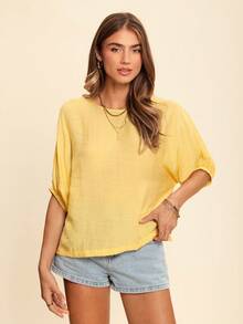Coeurva Women's Casual Solid Color Shoulder Bat Wing Sleeve Basic 3/4 Sleeve Blouse, Spring & Summer Everyday Wear - Yellow - View 3