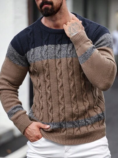 Manfinity Mode Suéter casual de cuello redondo con bloqueo de color y tejido de punto de cable para hombres