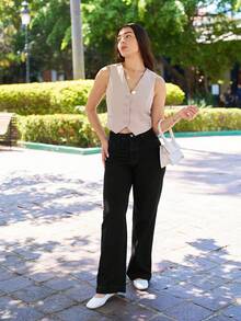 Andrea Bello 女式休闲前扣口袋阔腿牛仔裤 - 黑色 - 查看 6