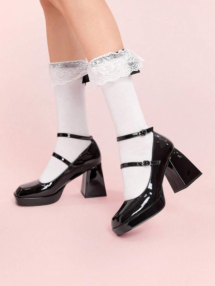 CUCCOO DOLLMOD 女士皮革方头粗跟时尚高跟鞋，适合派对和休闲穿着 - 黑色 - 查看 1