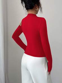 Gloray Camiseta feminina de manga comprida, cor sólida, justa, sexy, com decoração de metal, vazada, ombro de fora