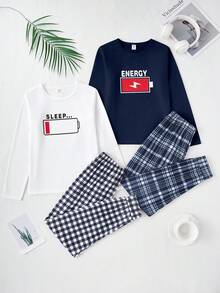 4件套男童格子长袖上衣和裤子睡衣套装 - 彩色 - 查看 3