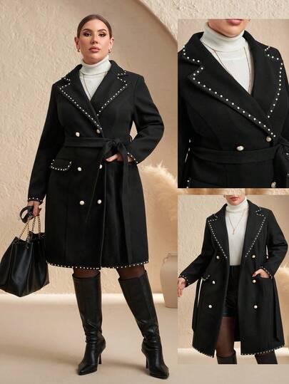 SHEIN Clasi Plusstorlek damöverrock, elegant svart kappa med fickor och pärlutskänkar, åtsittande midja, höst/vinter