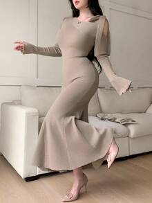 Feyla Women's Asymmetrical Shoulder Bowknot Waist Fishtail Hem Slimming Elegant Sweater Dress - Khaki - View 4