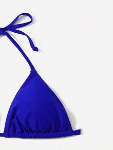 Swim Basics Summer Beach Mono Bikini Set Halter Triangle Bra & Tie Side Bottom 2 Pieces Bikini - Royal Blue - View 3