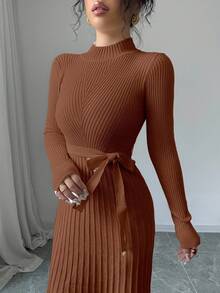 Selianne 女式纯色立领长袖系带优雅简约 A 字针织连衣裙，秋冬 - 咖啡棕 - 查看 6