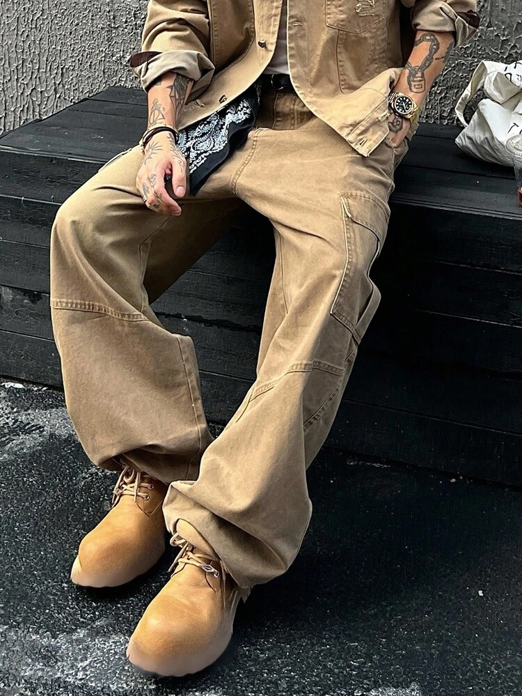 Solid Color Khaki Cargo Pocket Design Men's Pants, Autumn