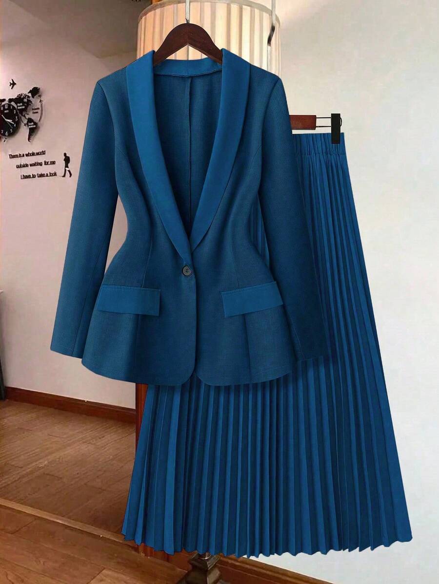 DreamSkyne 大码女式纯色长袖西装外套和百褶中裙套装 - 藏蓝色 - 查看 1
