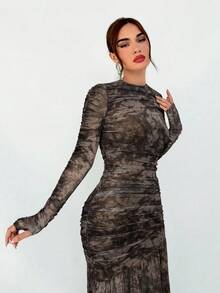 Aloruh Solid Color Long Sleeve Long Dress, Undershirt Dress For Autumn/Winter - Brown - View 5