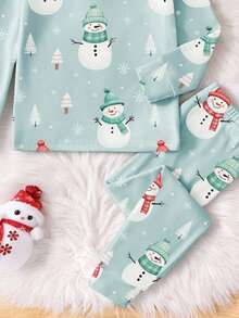 1set Baby Boy Christmas Snowman & Tree Print Snug Fit Crew Neck Long Sleeve Top And Pants Pajama Set Best Gift For Baby - Mint Blue - View 6