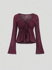 Sweetra 女士欧美时尚纯色蕾丝荷叶边喇叭袖蛋糕裙套装，适合日常穿着和度假穿着 - 酒紅色 - 查看 3