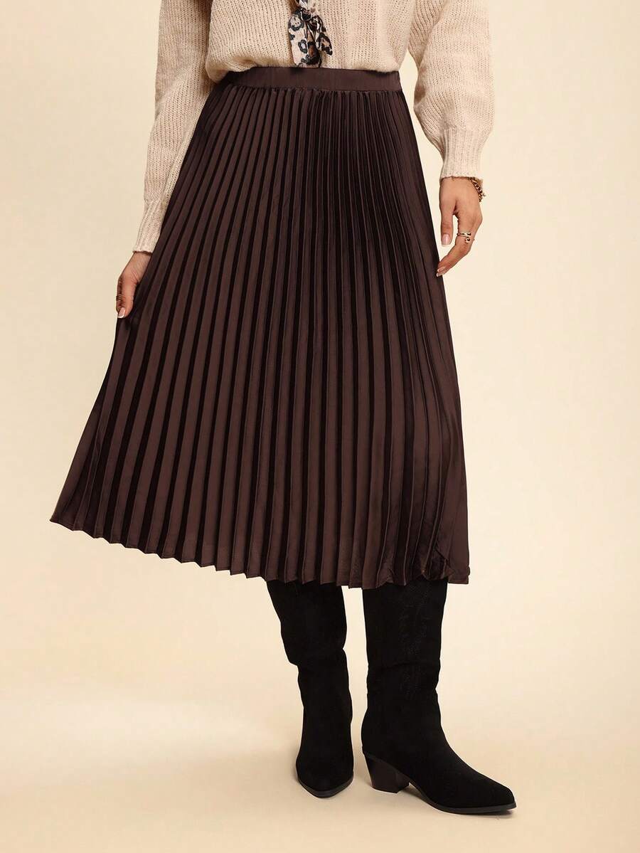 Coeurva High Waist Pleated Skirt - Brown - View 1