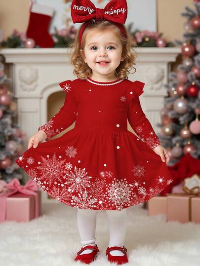 SHEIN Weihnachten, Schneeflocken Muster, Baby Mädchen Lässig Elegant Luxuriös Süß Mode Kurzarm Langarm Weihnachtskleid, geeignet für Herbst/Winter Alltagstragen, Weihnachtsparty, Fotoshooting, Zuhause