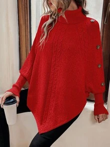 EMERY ROSE Áo len cổ lọ tay cánh dơi màu trơn thường ngày cho nữ, mùa thu/đông - Đỏ - Xem 6