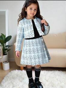 SHEIN Elladie kids Young Girl Plaid Print Button Front Long Sleeve Jacket And Mini Skirt Elegant 2 Pieces Set - Teal Blue - View 1