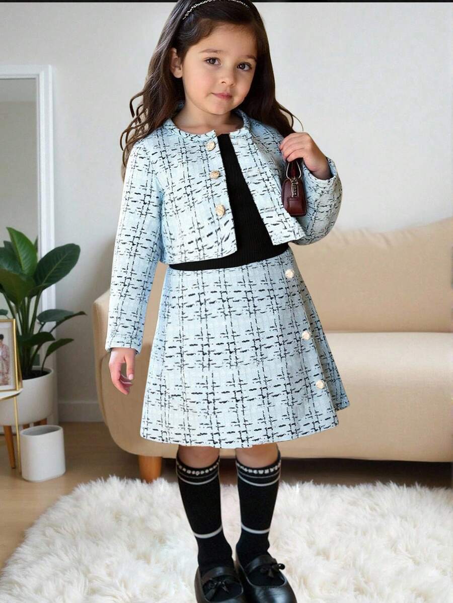 SHEIN Elladie kids Young Girl Plaid Print Button Front Long Sleeve Jacket And Mini Skirt Elegant 2 Pieces Set - Teal Blue - View 1