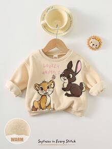 Cozy Pixies 女婴卡通狮子兔子图案圆领长袖套头卫衣，舒适百搭时尚休闲可爱基础款，适合秋冬季室内外休闲、滑雪、返校、日常穿着、运动、玩耍等场合。