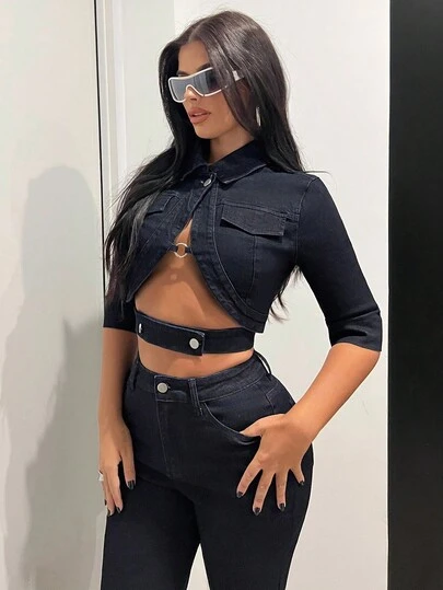 Jeanoix Plus Size Fashionable Sexy Hollow-Out Cropped Denim Top