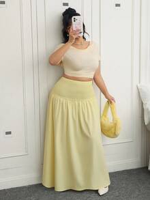 SHEIN EZwear Plus Size Light Yellow Bohemian Style Maxi Skirt, Casual Summer Holiday