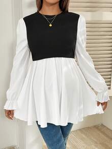 SHEIN Maternity Casual Color Block Patchwork Nursing Top, Autumn Fall - Black and White - View 6