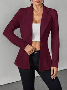 SHEIN PETITE Lapel Neck Single Button Blazer Office Wear Women Burgundy Blazer Women In Fall/Winter - Burgundy - View 6