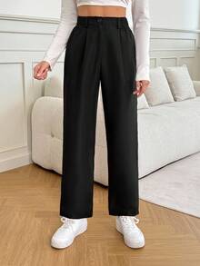 SHEIN Tall 女士休闲黑色高腰直筒裤 - 黑色 - 查看 3