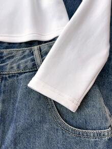 SHEIN T-shirt à manches longues pour adolescentes, col rond en tricot, doublure thermique, imprimé léopard et numéro graphique, blanc, automne/hiver - Blanc - Voir 8